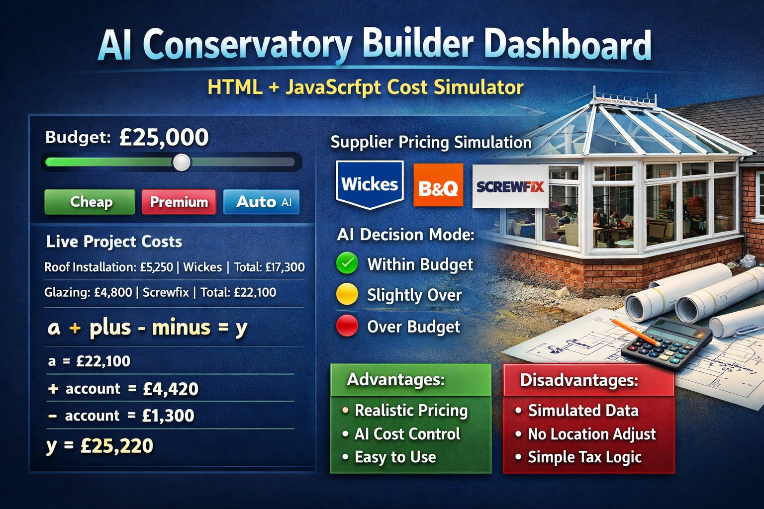 AI Conservatory Builder Dashboard (HTML + JavaScript) – Full Smart Cost Simulator