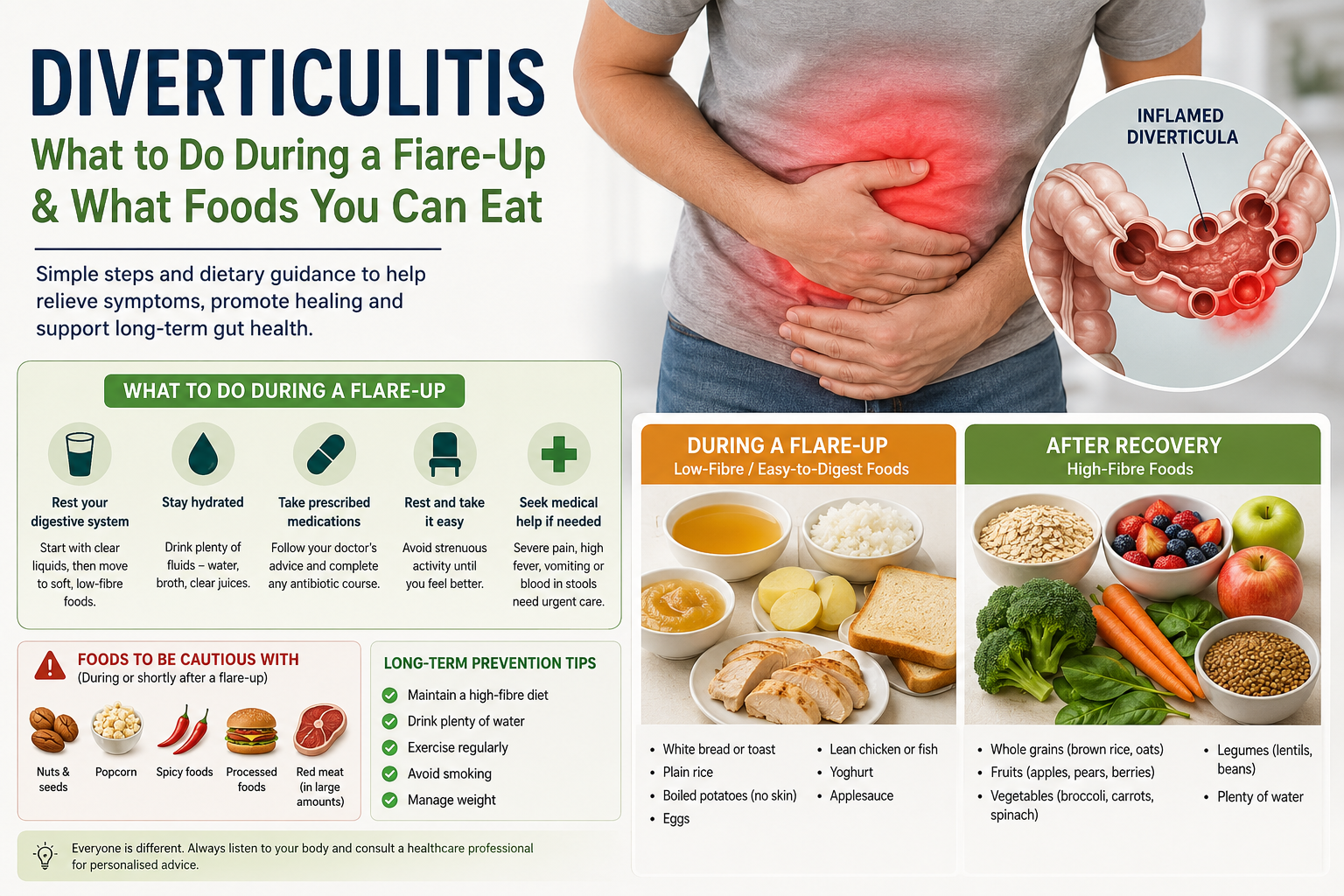 Understanding Diverticulitis:What to do during a flare-up & what to eat.