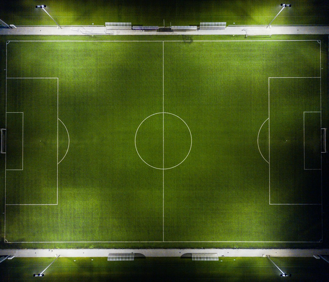 Football pitch viewed from above, illustrating defensive shape, positioning and team organisation